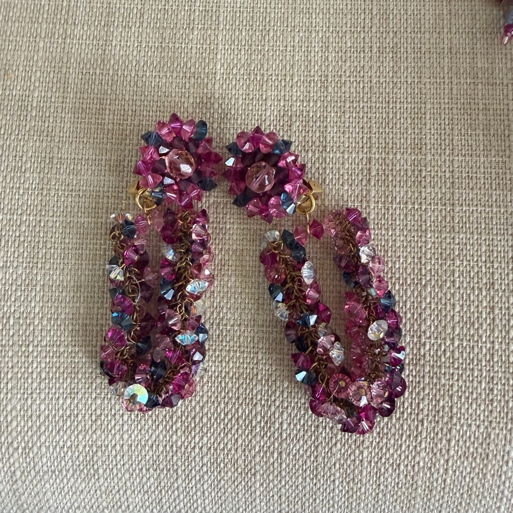 ELECTRIC EARRINGS FUSHIA- Navy-pink- crystal clip  3 1/2” drop clip